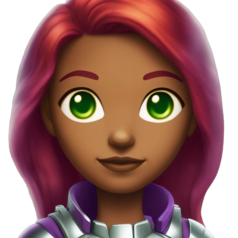 dc comics starfire glowing green eyes red long hair, purple and silver spacesuit with no helmet no green jewels emoji