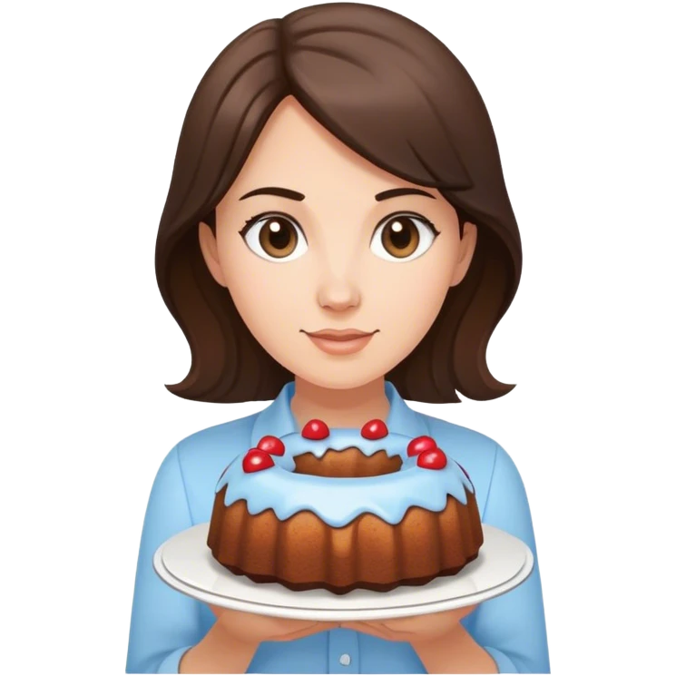 brunette in light blue shirt holding a bundt cake emoji
