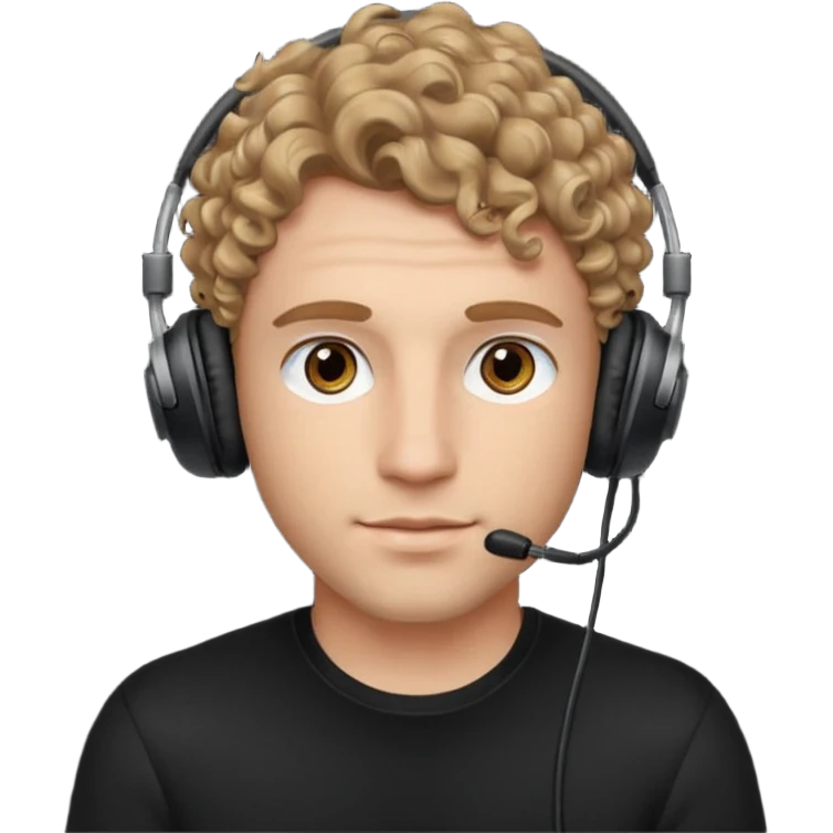 handsome, curly dark blonde haired man with hazel eyes, wearing a black top and black gaming headphones emoji