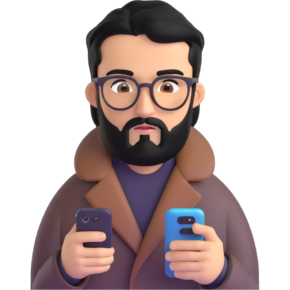 professional man with medium black beard, black hair combed to one side, connected unibrow, olive tan skin, brown eyes, glasses, prominent nose, wearing black coat, intently looking at and interacting with smartphone screen, with subtle office background emoji