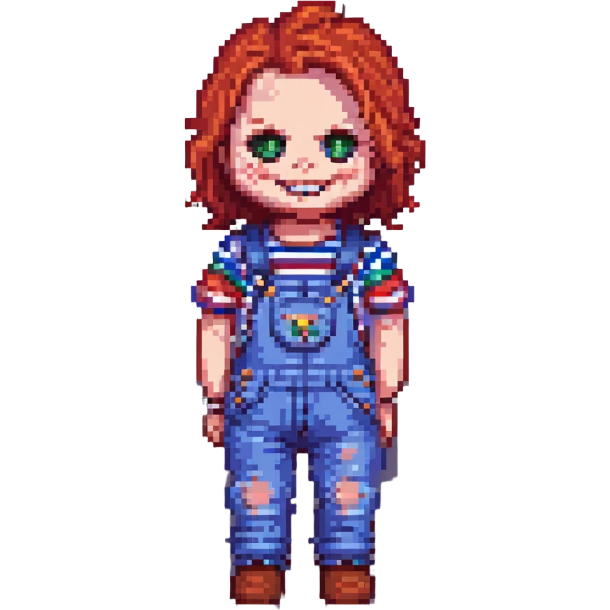 Chucky the doll pixel art style, red hair, striped shirt, overalls, creepy smile emoji