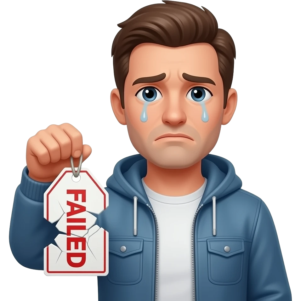 man holding failed tag, sad emoji