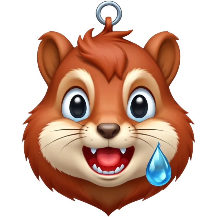 Front view of squirrel face with red-brown fur, prominent teeth, black eyes, and a huge blue drool droplet hanging from mouth, unmistakable drooling emoji