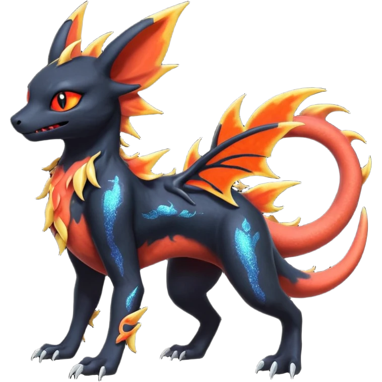Shiny Fiery Dark Ugly Evil Realistic Glowing Eldritch Horror Cool Edgy Badass Emo Glorious Demonic Batty Dusky Ethereal Sparkly Shimmering Magical Punky Aural Iridescent Fluorescent Bioluminescent Litten-Amaura-Salandit-Noibat-Flareon-Fakémon-fusion (full body) with intricate pattern markings emoji