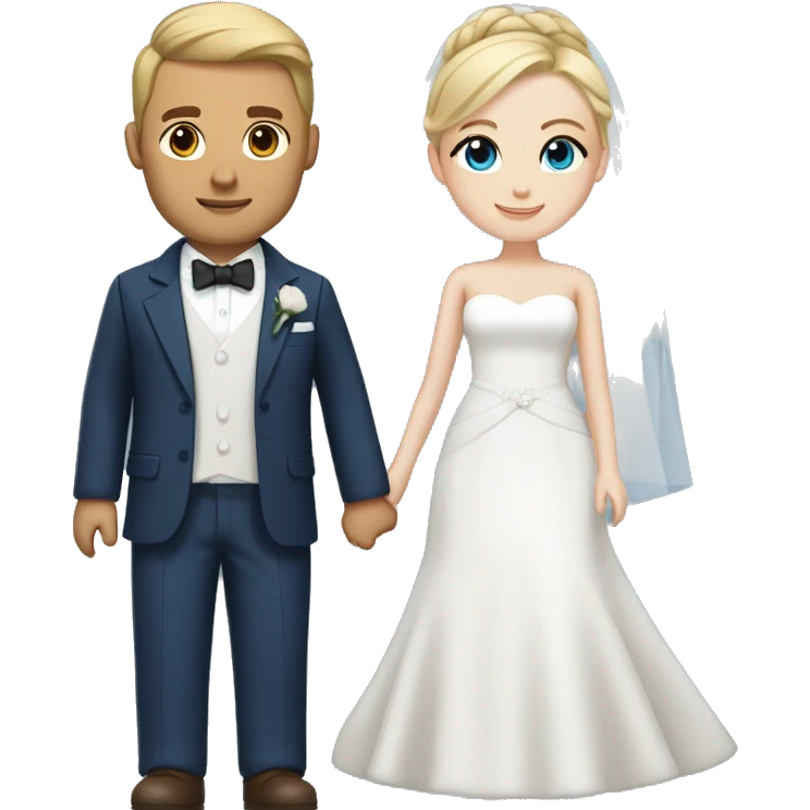 Wedding couple, groom white skin with brown hair and brown eyes, bride with white skin blonde hair up and blue eyes and veil and dark blue suit emoji