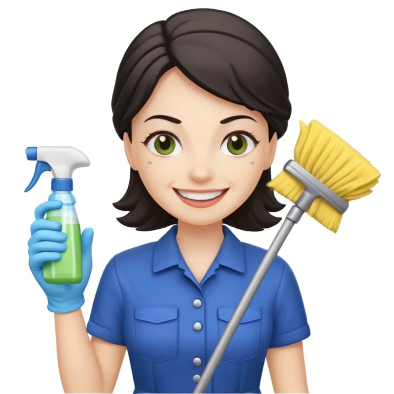 evil cleaning lady, grinning, holding cleaning spray, simple background emoji