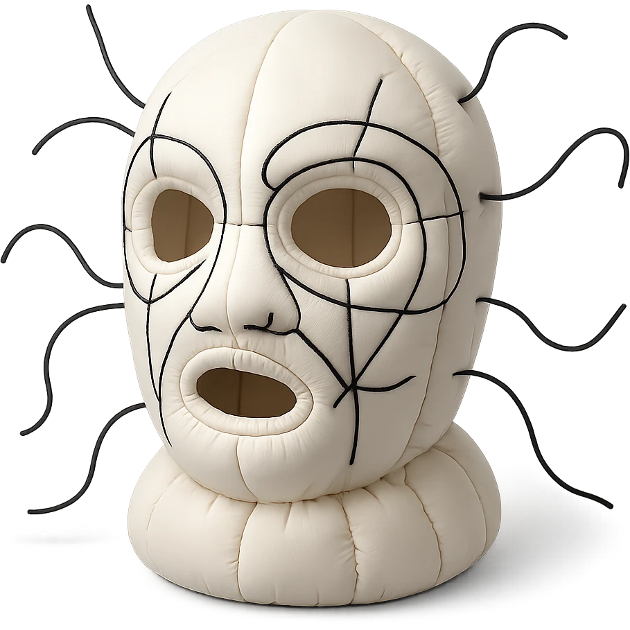 The mask is a full-head, white knitted balaclava with a tight ribbed texture. It features two asymmetrical eye openings and a partially exposed mouth area. Black thread is stitched across the surface in chaotic, abstract lines that trace facial features, giving a hand-drawn effect. Several black cords extend outward from the mask, varying in length and direction, adding a sculptural, almost organic appearance. The overall look is bold, handcrafted, and visually striking. emoji