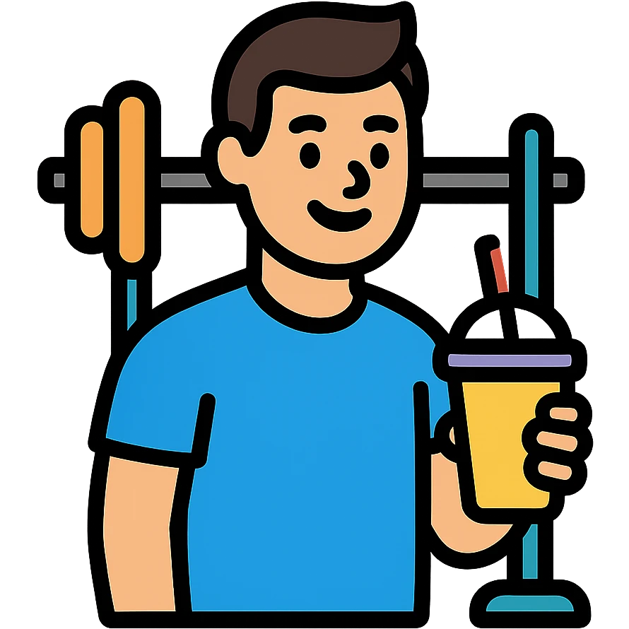 one man smiling and holding a smoothie cup in the gym, icon style, modern and easy to understand emoji