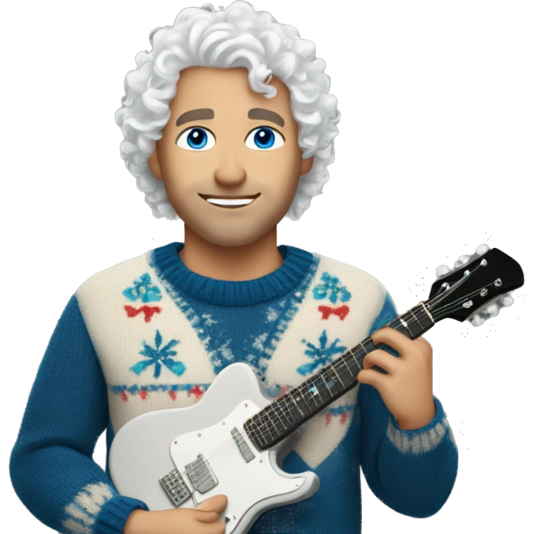 a man with blue eyes, white curly hair and a New Year's sweater holding a guitar emoji