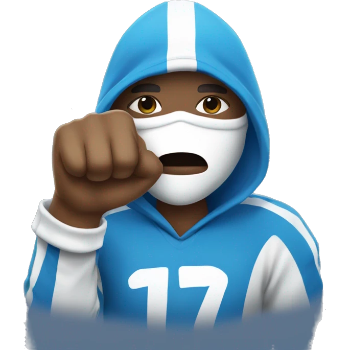 A Football fan with a blue and white hoodie and mask Holding his fist up  emoji