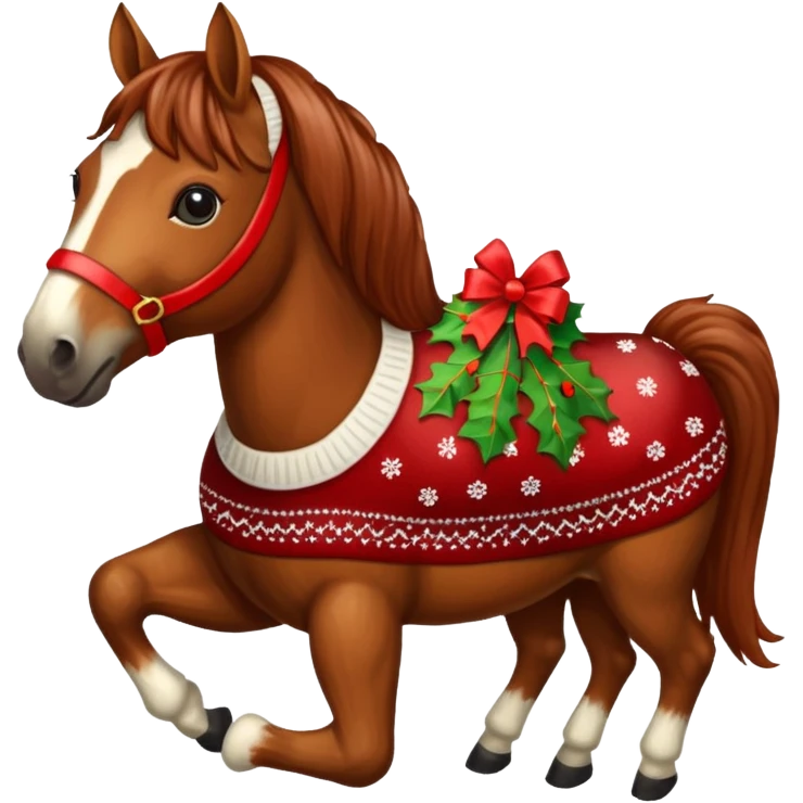 Xmas horse with red bows and a Christmas pudding jumper emoji