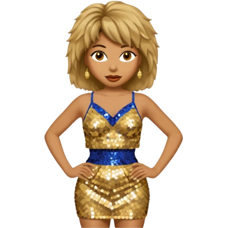 Tina Turner with gold sequin baggy bra, gold sequin skirt emoji