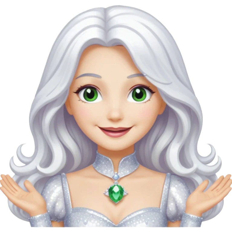 The Good Witch from Oz with long white hair, white sequin outfit emoji
