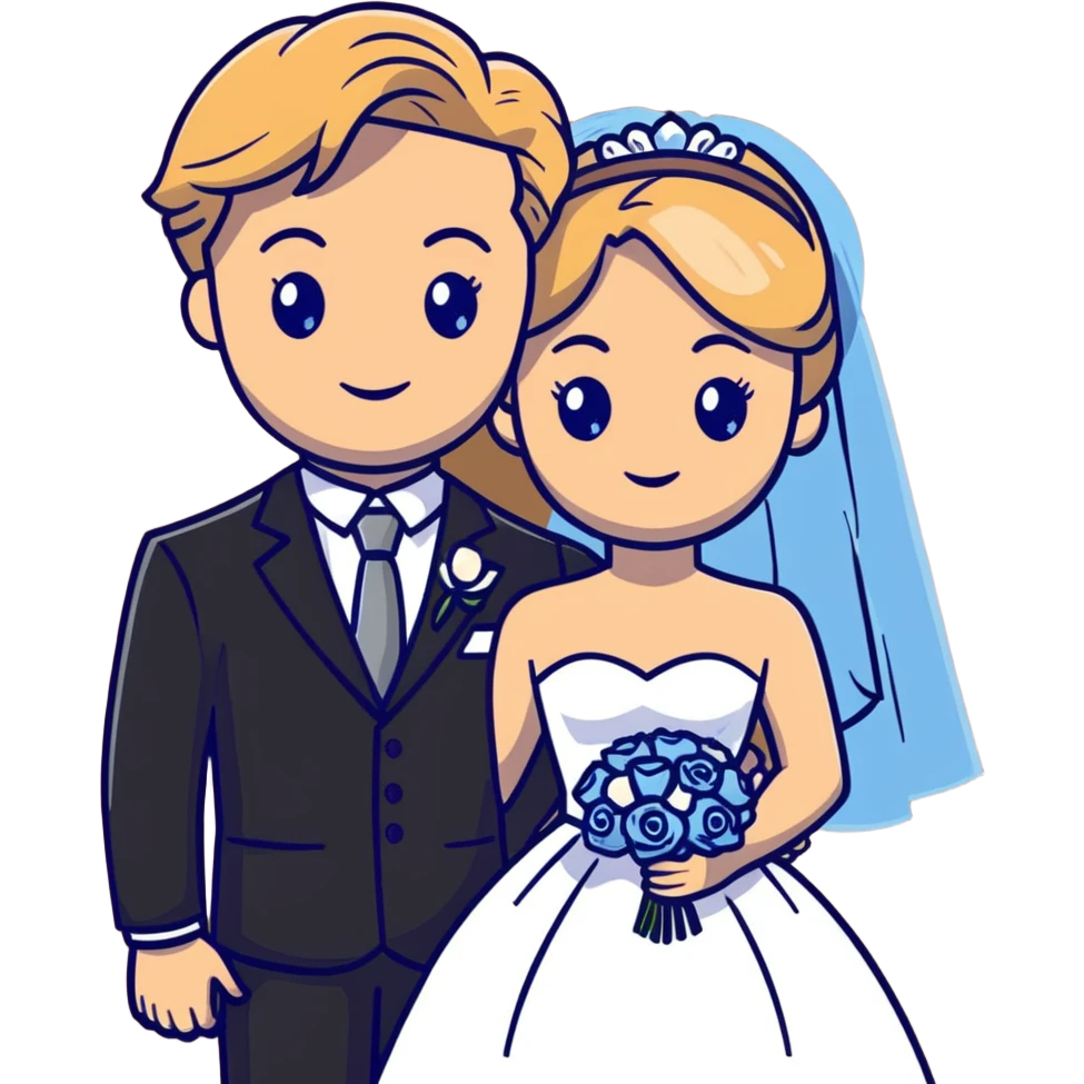 portrait of a bride with light brown hair and grey-blue eyes, and a groom with blonde hair, blue eyes, wearing a brown suit emoji