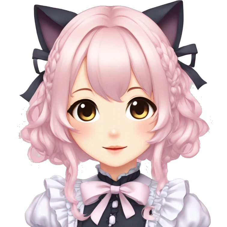 Gorgeous anime style catgirl with blushing face with maid outfit laces gothic Lolita idol model kawaiicore pastelcore cottagecore pearly petite simplistic aesthetic trending style emoji