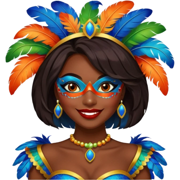 i need the same girl in "dark skin girl, dark red lipstick, nails very beautiful" to be smiling in "carnival mas costume, blue, green and orange preferably, full costume feathers at the back" she is to be smiling, hair should be dark and in a bob  emoji