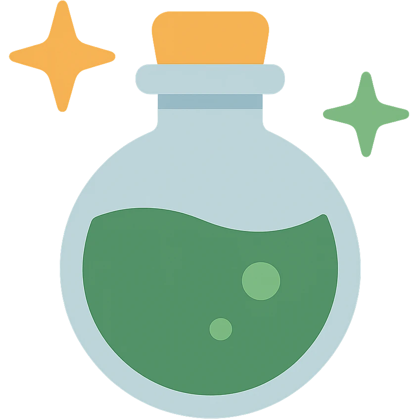 cute magic potion bottle stars are shining around add different details FA9B41, 4A7C5C,  emoji
