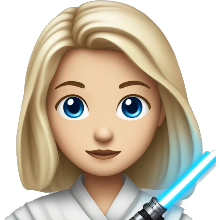 portrait of a girl with blue eyes with a jedi light saber emoji