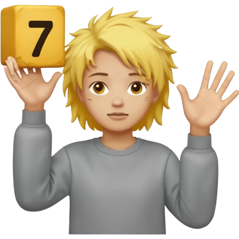 in a grey sweatshirt and yellow messy hair hold his hands out one hand hes holding a block that says 6 and in his other and a block that says 7 emoji