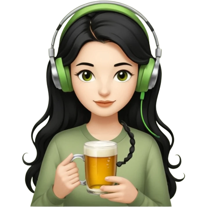 Style: 3D Apple emoji-style, realistic texture 	•	Lighting: Soft, even, Apple-style lighting 	•	Facial detail: Defined cheekbones, slightly winged eyeliner 	•	Hair: Long, black, slightly curled at ends 	•	Accessories: Wired earphones, green tea cup, beer mug 	•	Expression: Calm and slightly smiling  emoji