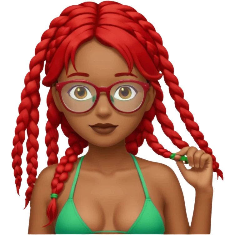 Dark Tan girl with two long red plaits and red rimmed  glasses, green bikini top,  head neck and shoulder shot only emoji