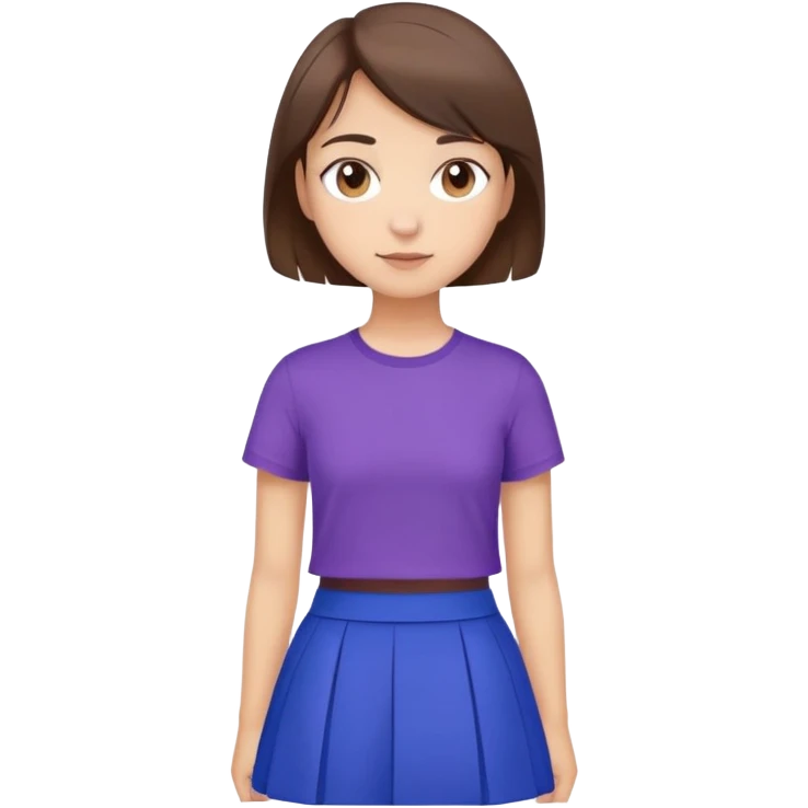 niña pelo corto marron ojos marones camiseta lila falda azul emoji