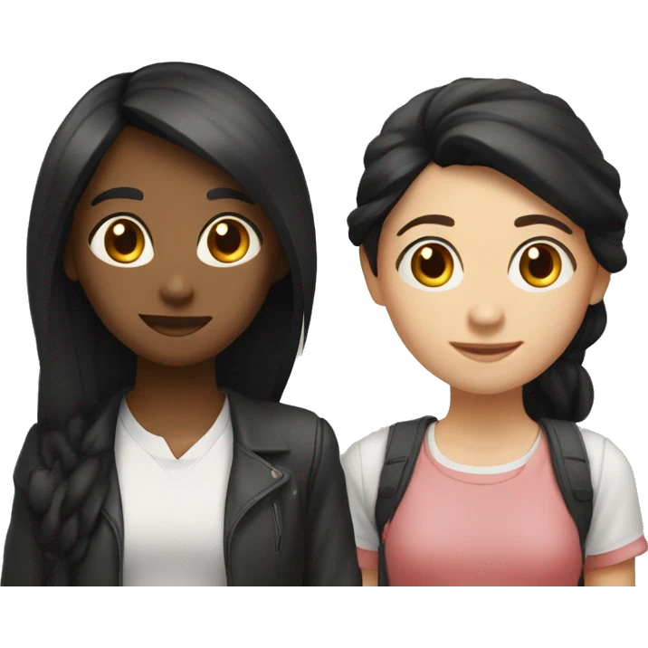2 girls are standing side by side, one of them has long black hair and an oval face, the other has short black hair and a round face. Both are university students. emoji
