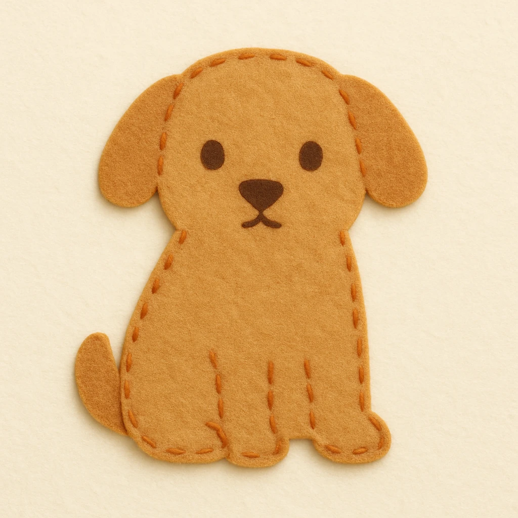 Minimal felt patch of a dog with soft matte felt, muted orange stitched edge, low detail, small round eyes, simple triangle nose, no mouth, warm color palette, flat perspective, off-white background emoji