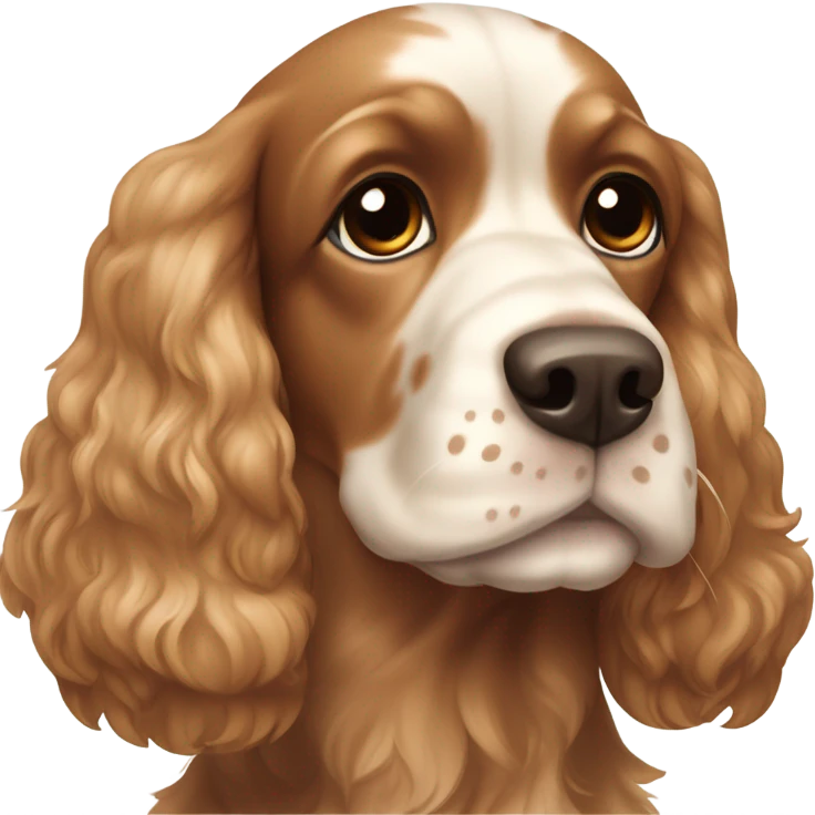 A cocker spaniel with brown ears and a brown face with little spots of white near its snout emoji