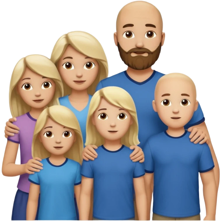 A family of five; Caucasian mom with blond hair, Caucasian dad with a bald head and brown beard, one Samoan boy who is 17 years old with long and wavy brown hair, and two Caucasian children, a 9 year old boy and a 13 year old girl with brown hair. emoji