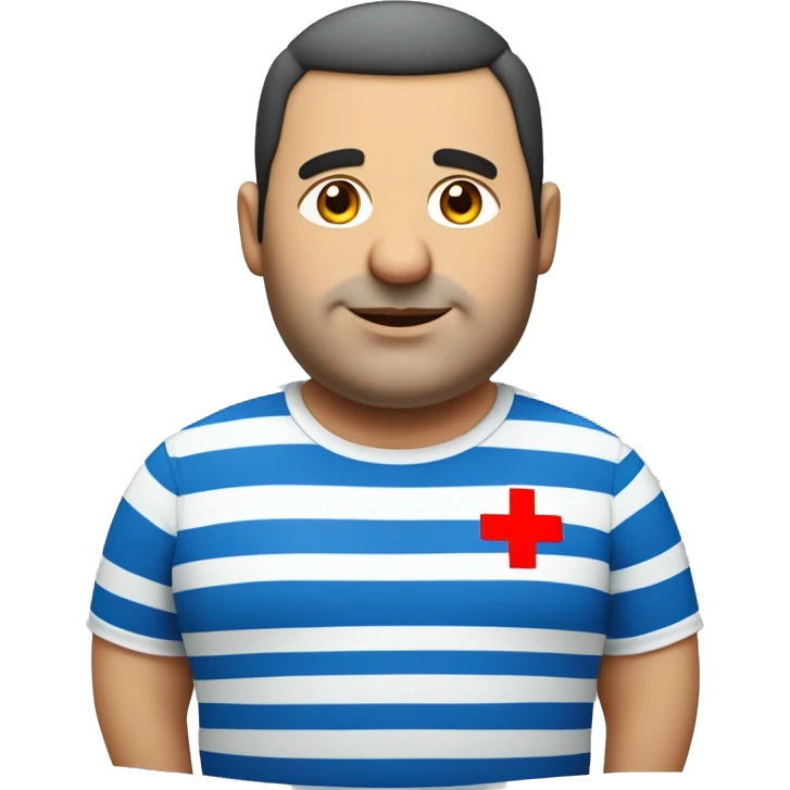 chubby middle-aged Lebanese man, wearing a t-shirt with horizontal blue and white stripes and a red cross on the upper right side of the shirt emoji