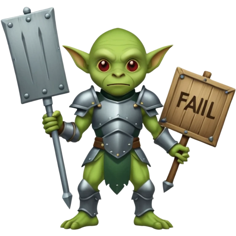 A glgreen colored goblin clad in armor holding a wooden sign that reads "Fail". emoji
