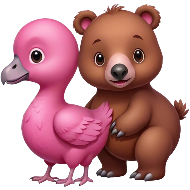 A cute brown bear and a realistic cute pink dodo closely together emoji