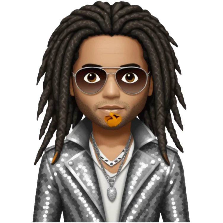 Lenny Kravitz with long dark brown dreadlocks, silver sequin outfit emoji