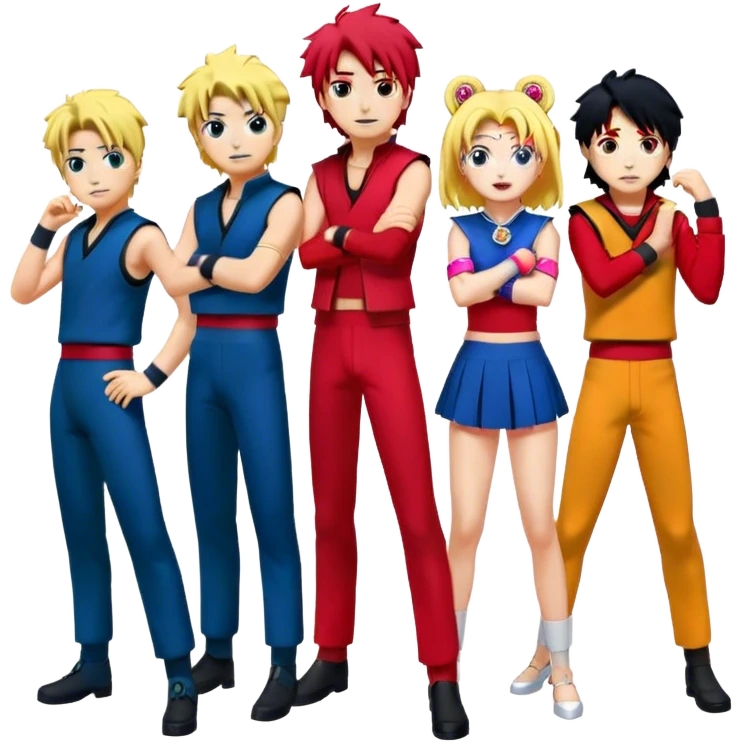 Icon for Anime Collage: Characters from Cowboy Bebop, Naruto, Bishoujo Senshi Sailor Moon and Kimetsu no Yaiba, each in their iconic poses and vibrant outfits, blended together with dynamic backgrounds. Transparent background. emoji