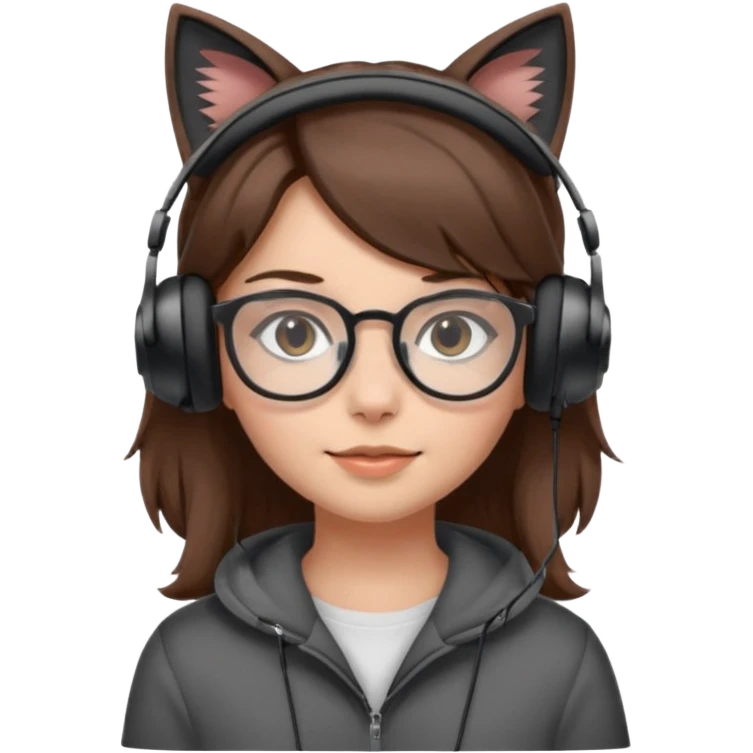 fille brune a lunette avec casque oreille de chat noir et gris sans boucle d'oreille emoji