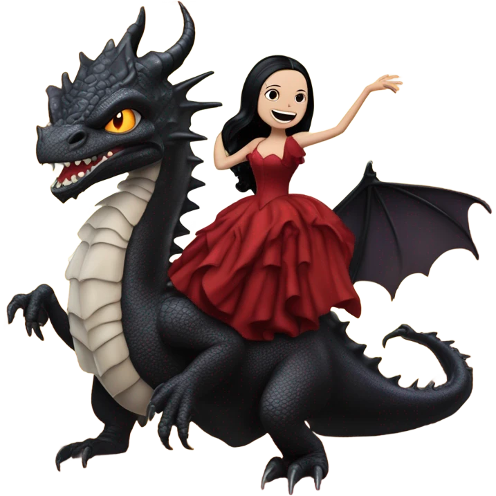 painting Lavish Victorian evening gown, Jenna Ortega as young Morticia Addams Jedi wearing a mini tiara, riding on the back of a very large blood red evil-looking fire-spewing horned dragon emoji