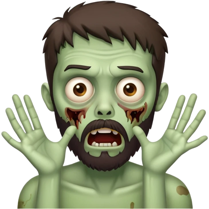 shocked zombie with hands on face, dark brown hair and short full beard emoji
