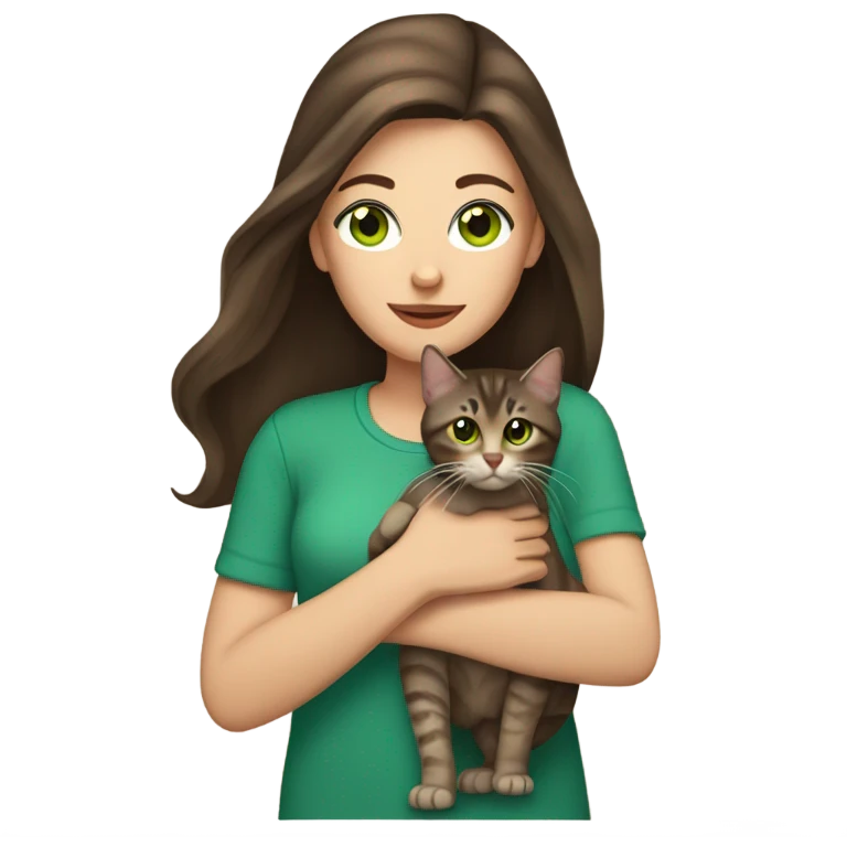 Caucasian woman with long dark brown hair and brown eyes holding a brown tabby cat with green eyes emoji