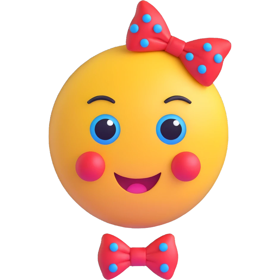 3D smiley emoji, large eyelashes, red polka dot bow, bored, half-closed eyes, blue eyes, musical notes emoji