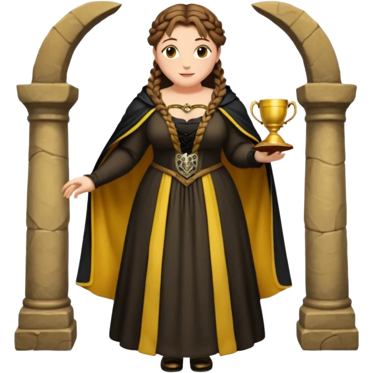 Helga Hufflepuff,brown-haired,2 braids,yellow-black medieval open dress,deep neckline,fat macromastia,black cloak decorated with gold braiding,gold cup with two handles,very kind smile,curvy busty sweet woman,round rosy cheeks,full length with medieval shoes emoji