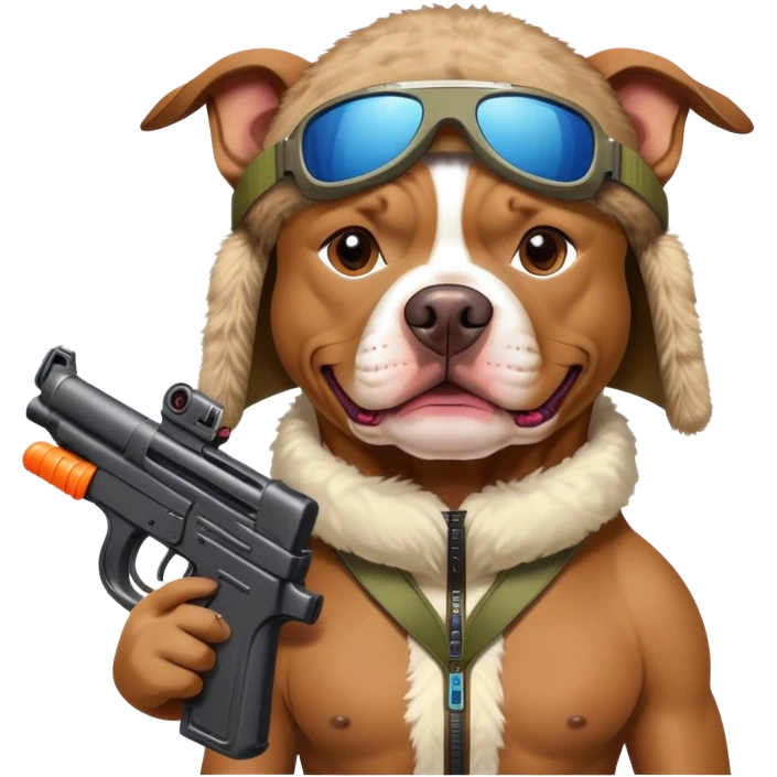 A PITBULL WEARING A NIKE  SKI ON ITS HEADWITH A TOY GUN emoji