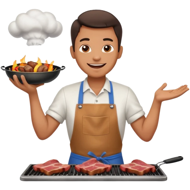 A cheerful man in an apron flipping meat on a sizzling grill with smoke puffing upward. emoji