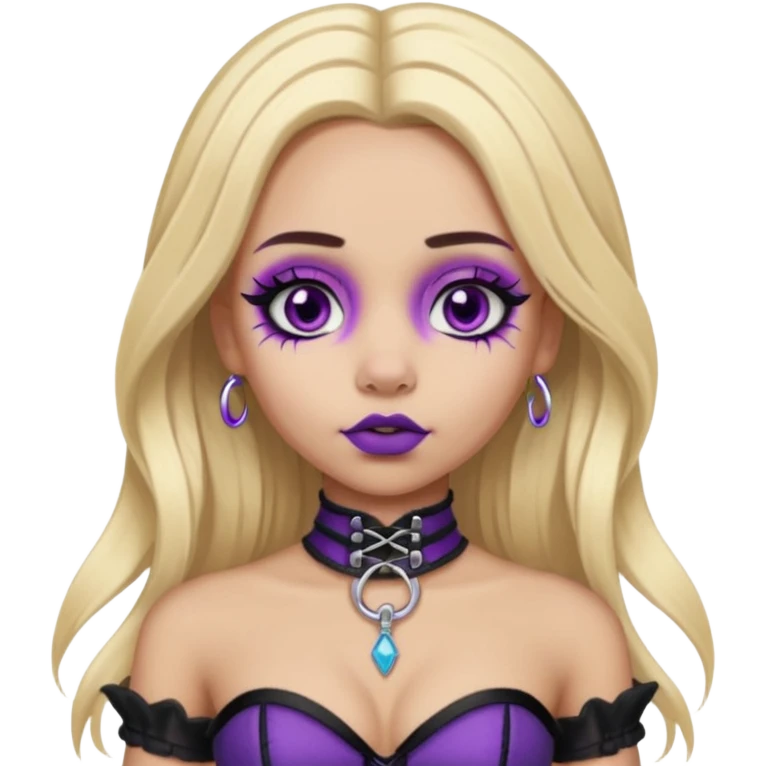 Ai light skin girl , who has straight long length blonde hair with heavy purple streaks , hazel eyes , and doll like makeup , with a septum piercing, nostril piercing, in a black corset emoji emoji