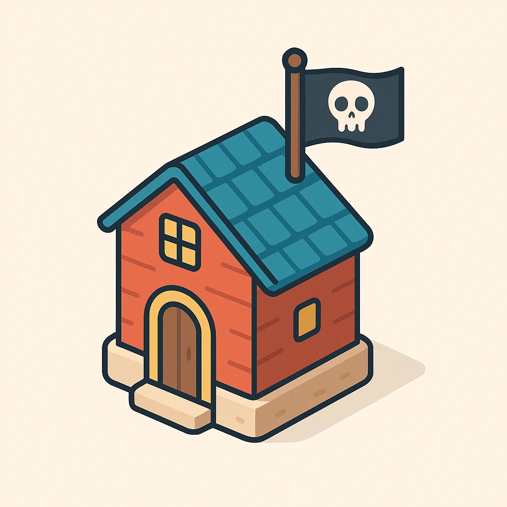 old pirate's house with skull flag emoji