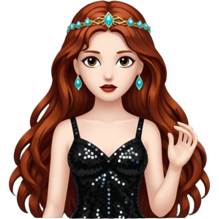 Persephone, Goddess of Death from Gods and Goddesses with long dark auburn hair, black sequin outfit emoji