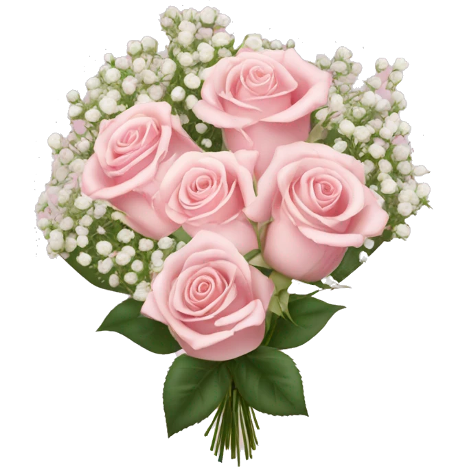 light pink roses and babies breath in a bouquet with a bow around the stems emoji