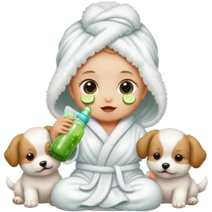 Baby drinking a bottle with cucumbers over her eyes wearing a white fluffy robe and next to puppies  emoji