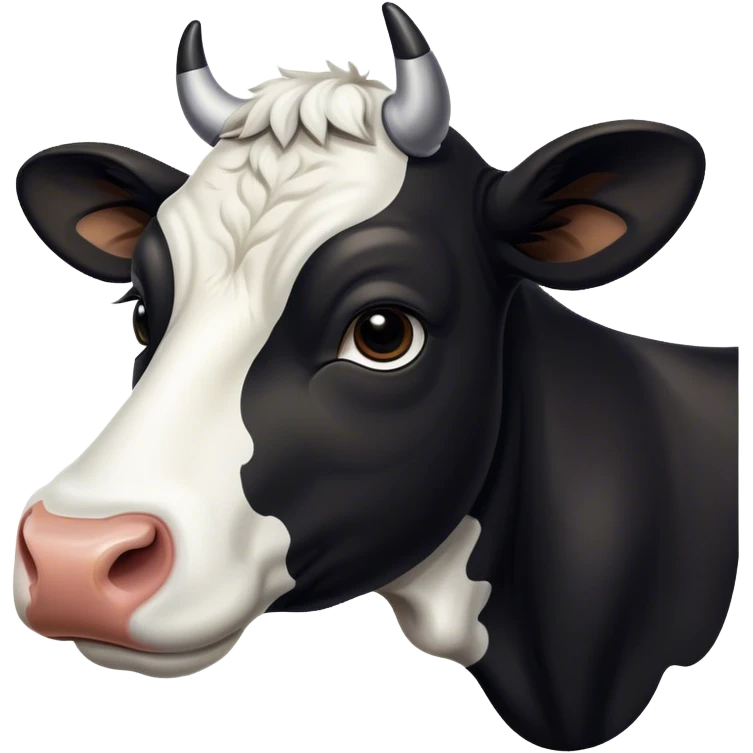 Cinematic Noble Black and White Cow Portrait Emoji, Poised and regal, with a large, sturdy build and a striking, well-groomed coat of pure black accented by crisp white patches, deep-set soulful brown eyes, Simplified yet sharp and sophisticated features, highly detailed, glowing with a soft, dignified glow, high shine, intelligent and calm, stylized with an air of modern elegance, focused and attentive, soft glowing outline, capturing the essence of a watchful and confident bovine guardian, so majestic it feels as though it could stride out of the screen with effortless authority! emoji