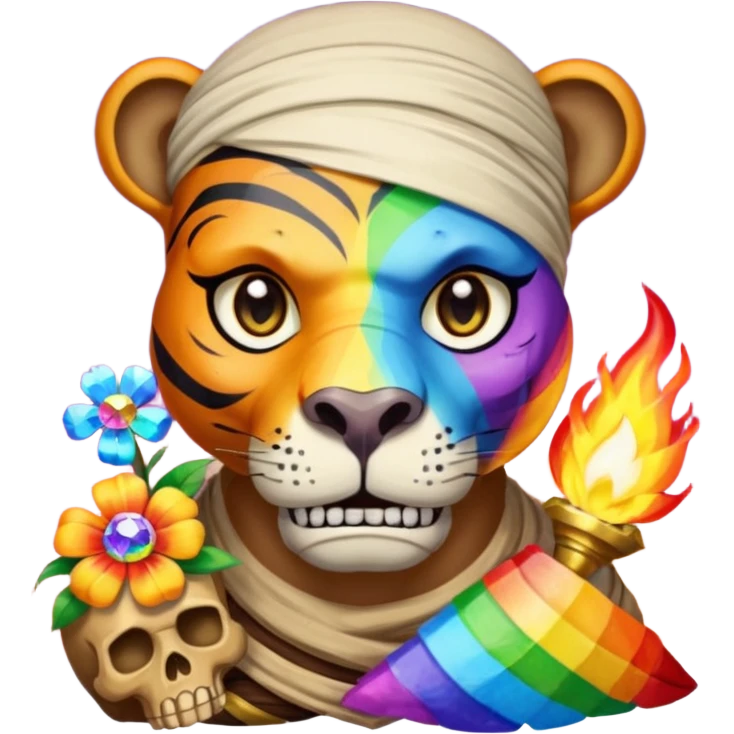 a mummy who is also a pirate make his skull a half flower rainbow diamond part hippo part tiger who is blue and gold whos head is on rainbow fire emoji